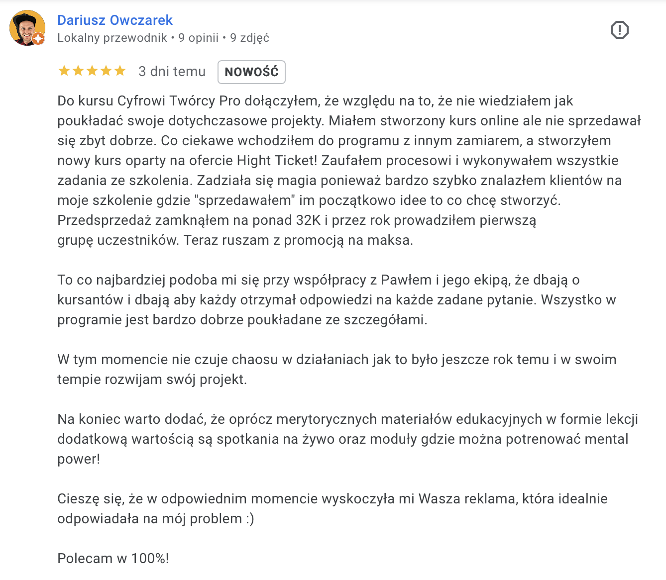 Darusz Owczarek opinia Google